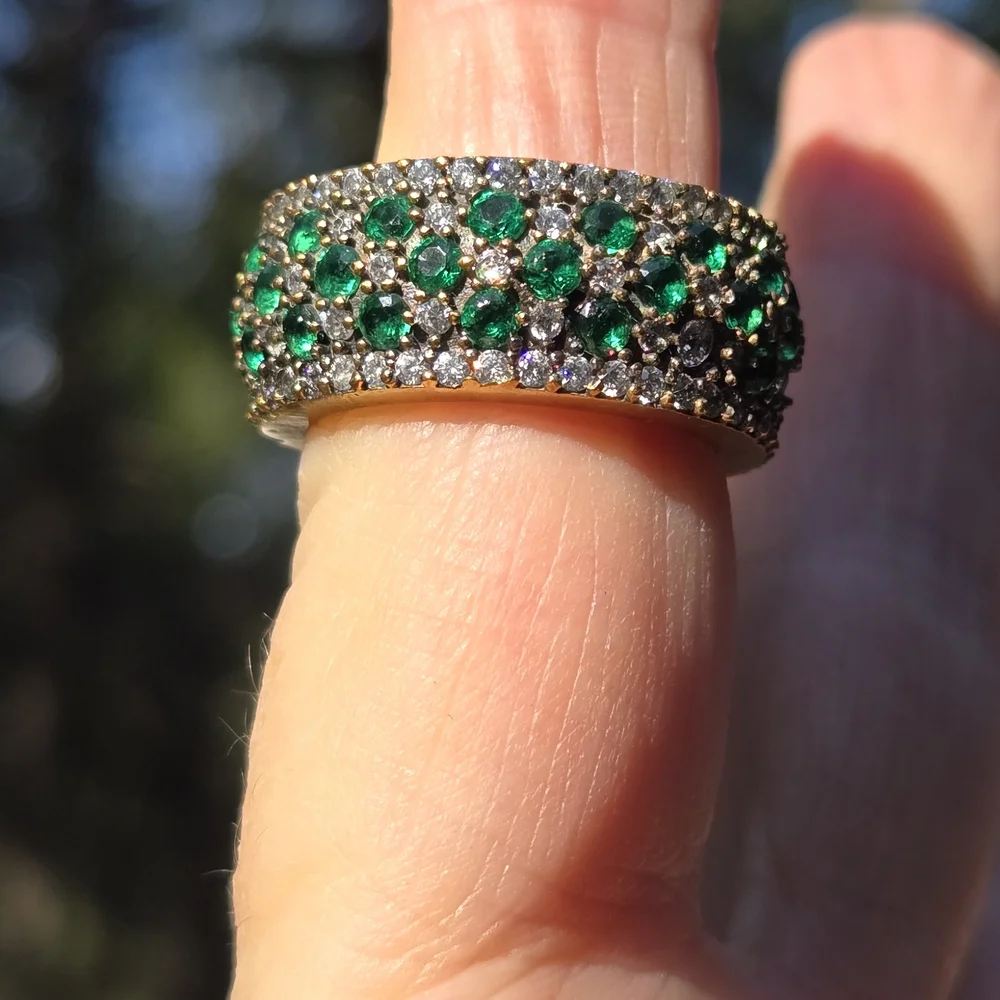 Emerald & White Topaz Eternity Stetling & Gold Ring Sz8 - Picture 6 of 7